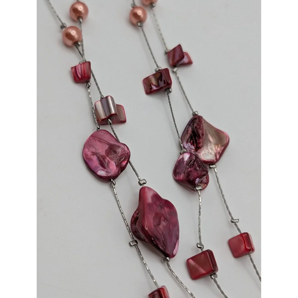Unsigned Pink Mother of Pearl Shell Multi Strand Necklace and Earring Set Boho